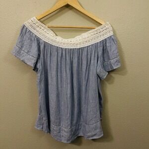NWT Westbound Linen Blend Top Blue Lace Collar Beach Resort Vacation Sz L P